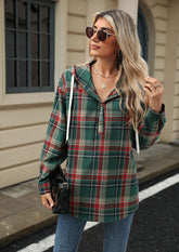 Plaid Button Up Hooded Tie Detail Casual Blouse